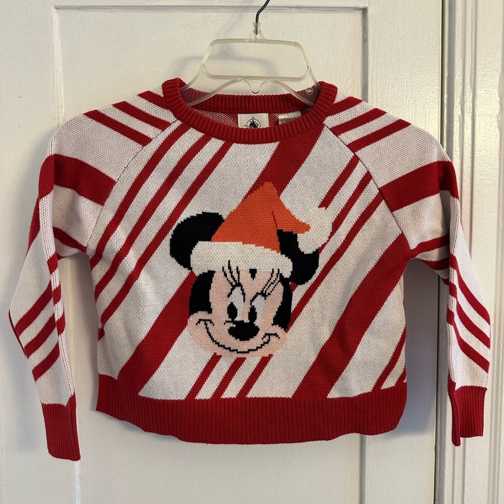 Disney Minnie Mouse Santa Clause Hat Red Candy Cane Swirl Knit Pullover